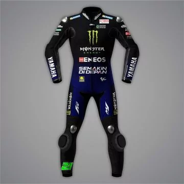 Franco Morbidelli 2022 MotoGP suit in black and Yamaha blue, front view