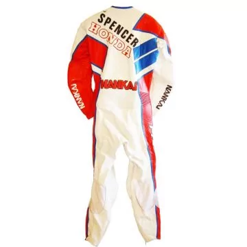 Tuta in pelle Freddie Spencer Honda 1987 rossa e bianca, vista posteriore