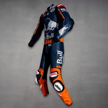 Blue and orange Hafizh Syahrin KTM race suit, left side view