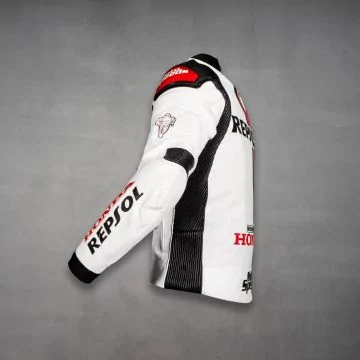 Hvit Honda Repsol racingjakke i skinn, sett fra venstre side