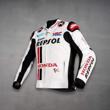 Hvit Honda Repsol racingjakke i skinn, venstre side