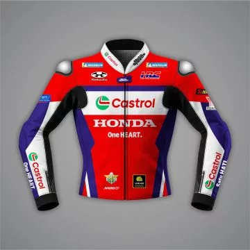 Veste de course MotoGP rouge, bleu Repsol et blanche, réplique Luca Marini 2025, vue de face