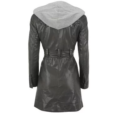 Hooded Leather 3/4 Length Coat for Women