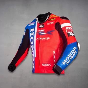 Blue, red and white Honda race jacket, second left side view