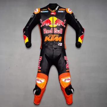 Jack Miller KTM suit in black and orange with Red Bull style graphics, front view