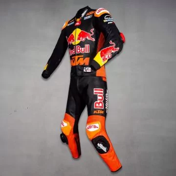 Black and orange KTM racing suit, left view