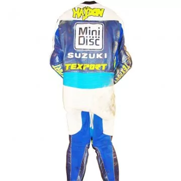 Combinaison de course James Haydon Suzuki WSBK 1998 bleue, vue de dos