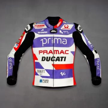 Johann Zarco 2023 MotoGP jacket, purple, red and white Ducati replica, front view