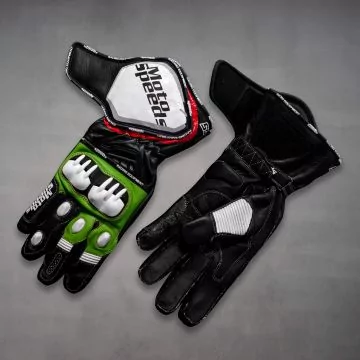 Matching Jonathan Rea Kawasaki gloves, top and palm view