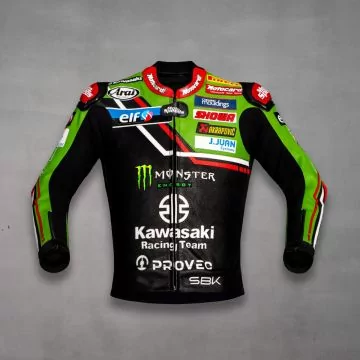 Jonathan Rea 2023 motorcycle jacket replica in Kawasaki green, black, red and white, front view