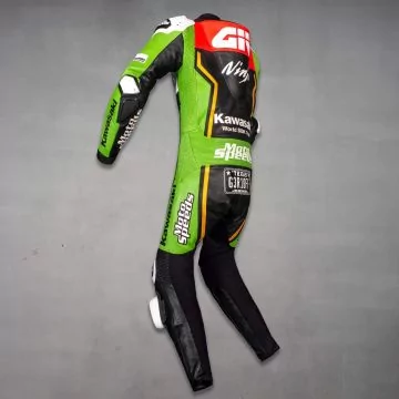 Garrett Gerloff 2025 Kawasaki leathers, left side view