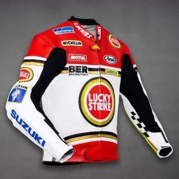 Kevin Schwantz 1993 race jacket in red and white cowhide, right side view