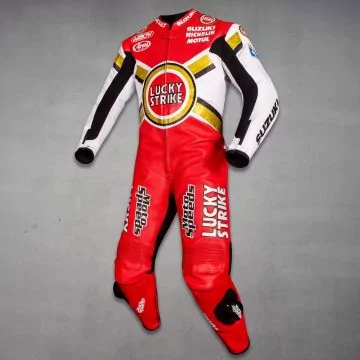 Combinaison réplique Kevin Schwantz rouge et blanche, vue du côté gauche