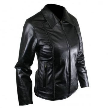 Ladies Front Braided Leather Biker Jacket