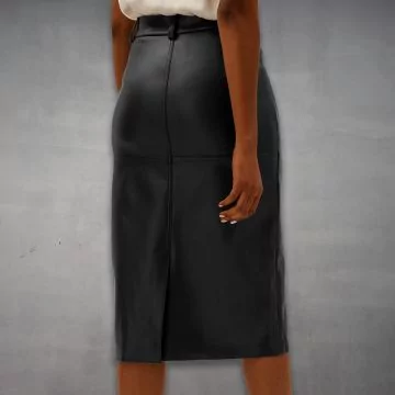 Black A-line leather midi skirt, back view