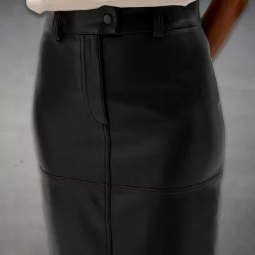 Black sheepskin A-line midi skirt, side view