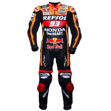 Marc Marquez MotoGP suit, black 2017 Repsol Honda replica, front view