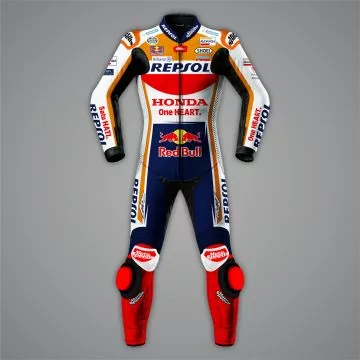 Marc Marquez 2022 MotoGP suit in orange, blue and white, front view
