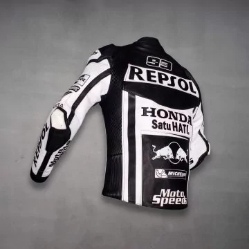 Veste de course réplique Honda noire et blanche, vue du côté gauche