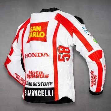 Honda racingjakke med røde og hvite paneler, skrått bakfra fra høyre