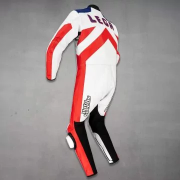 Combinaison de course Ducati 1979 rouge et blanche, vue du côté gauche