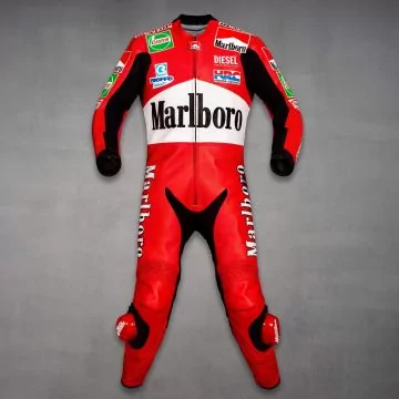 Max Biaggi Honda 1997 GP replica race suit in red and white, front view