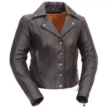 Women biker jacket in black cowhide with snap front collar, front view