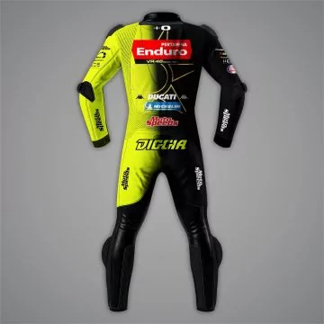 Combinaison de course réplique VR46 Ducati MotoGP 2026 noire et jaune fluo, vue de dos