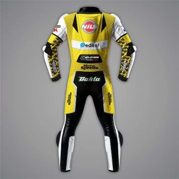 Lorenzo Baldassarri 2026 white and yellow race suit, back view with speed hump