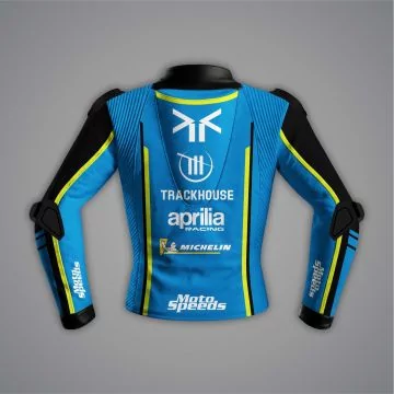 Veste de course réplique Fernandez noire, jaune et bleu ciel, vue de dos
