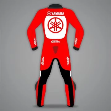 Combinaison de course cuir Yamaha deux pièces rouge et blanche, vue de dos