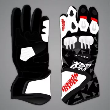 Gants de course noirs et blancs assortis style Pedro Acosta, vue du dessus et de la paume