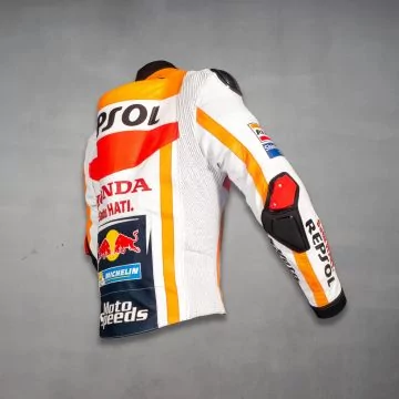 Oransje, rød og blå Honda racingjakke, høyre side