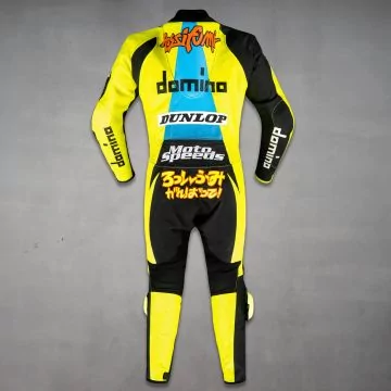 Rossi Aprilia 1996 replica leathers in black and fluorescent yellow, back view