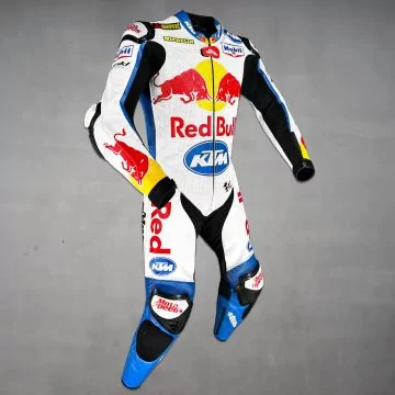 Black, blue and white leather race suit, right view