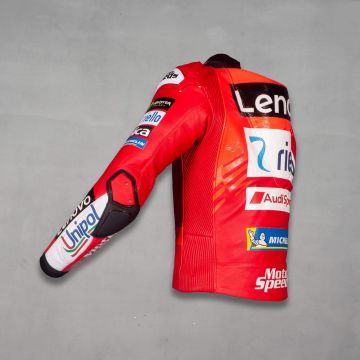 Red Leather Moto Jacket Marc Marquez Ducati MotoGP 2025 left side view