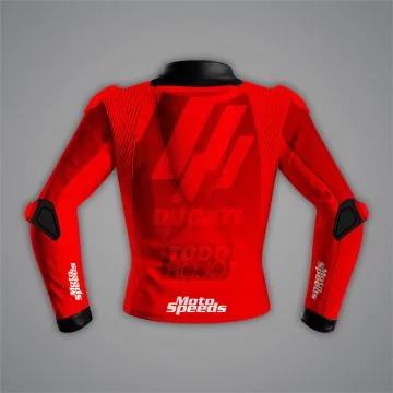 Red and black Marquez Ducati winter test moto jacket, back view