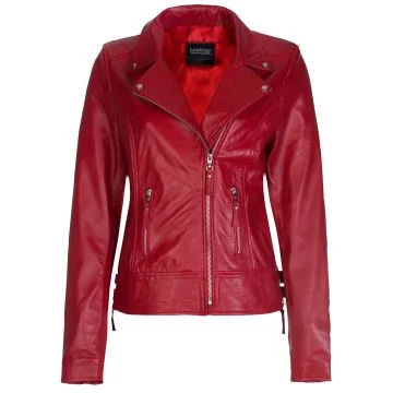 Red vintage leather biker jacket for women, front view