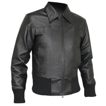 Rib Knit Leather Waist Length Jacket for Men