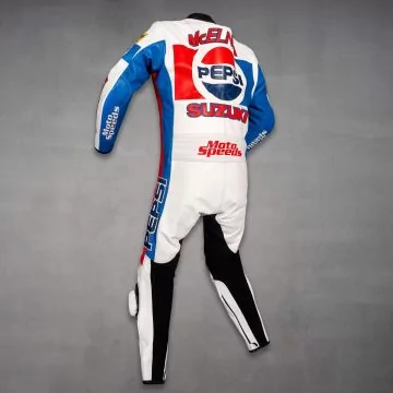 Red and white Suzuki 1988 race suit, left side view