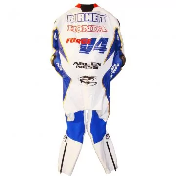 Combinaison de course réplique Roger Burnett Honda bleue, rouge et blanche, vue de dos
