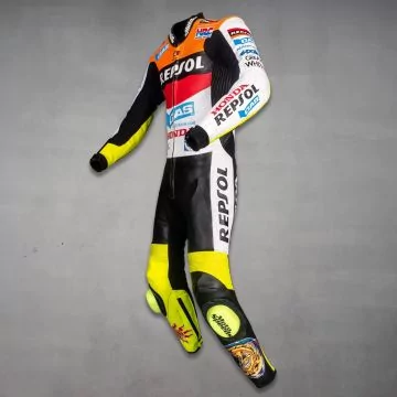Orange and red Honda MotoGP racing suit, left view