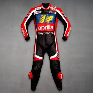 Tetsuya Harada 1999 Aprilia GP replica race suit in red, front view