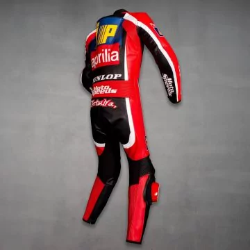 Harada Aprilia 1999 red race leathers, right side view