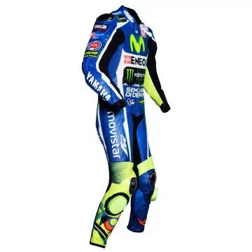 Rossi yellow and blue Yamaha race suit, right side view