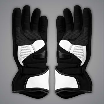 White leather motorcycle gloves with SBK 2025 race-inspired design and protective padding