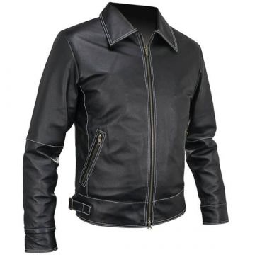 Chaqueta de cuero mate con costuras blancas para hombres