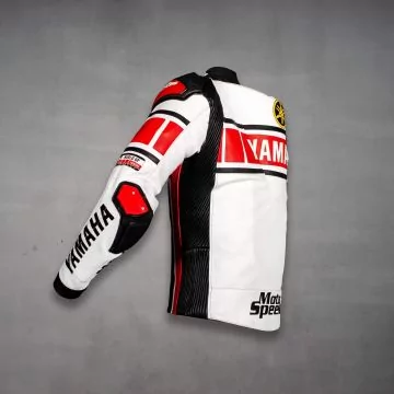 Black, red and white Yamaha racing jacket, left side view