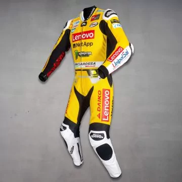 Combinaison de course Ducati jaune Bagnaia, vue de gauche