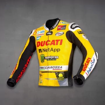Veste moto réplique jaune Misano 2023, vue de trois quarts avant gauche
